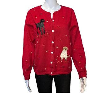VTG Talbots Red Dog Embroidered Cardigan Sweater M 100% Cotton Puppy Novelty